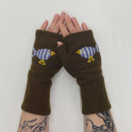 Fingerless Cashmere Gloves-Cute Bird: Olive / One Size Fits Most