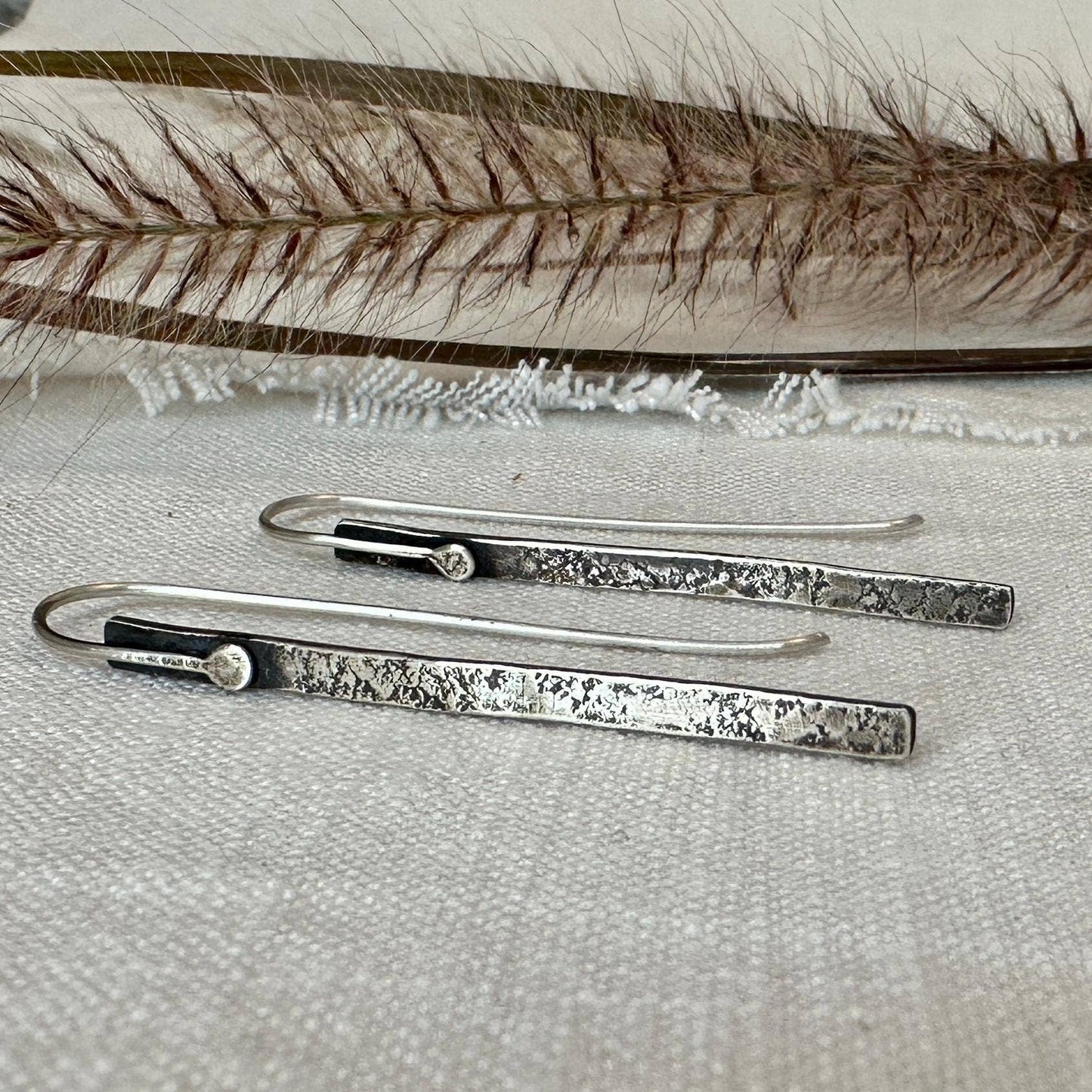 Modern Textured Sterling Silver Bar Earrings, Sculptural Hammered Drop: Textured & Matte