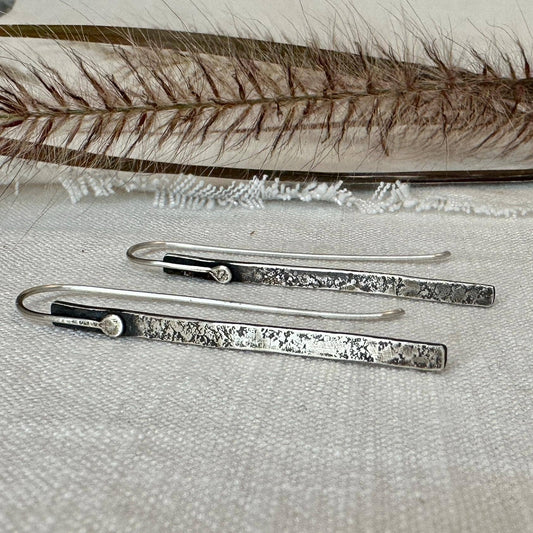 Modern Textured Sterling Silver Bar Earrings, Sculptural Hammered Drop: Textured & Matte