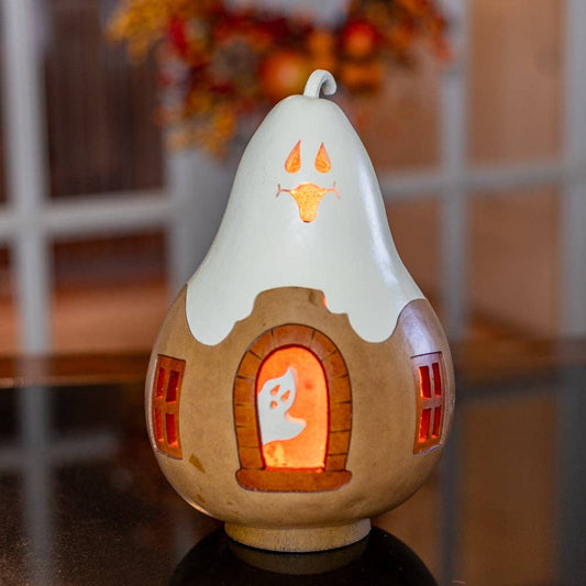 Hand-Crafted Gourd - Ghost Cottage Lit - Halloween Decor