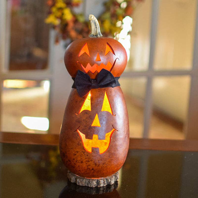 Hand-Crafted Pumpkin Gourd Luminary - Gunther Small Tall Lit
