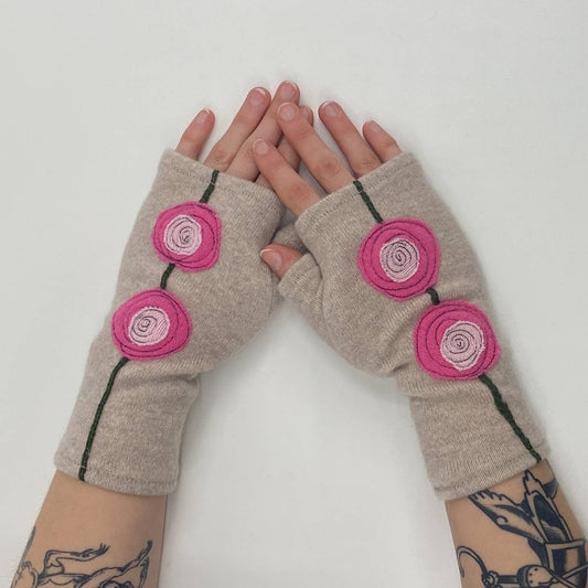 Fingerless Cashmere Gloves-Double Blooming Rose: Pink on Light Beige / One Size Fits Most