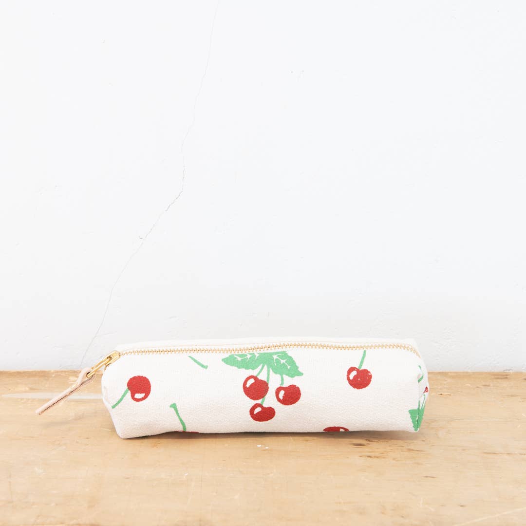 Cherry Pencil Bag: Cherry Red + Sea Foam | Natural Zip / Cotton Barkcloth / Flat