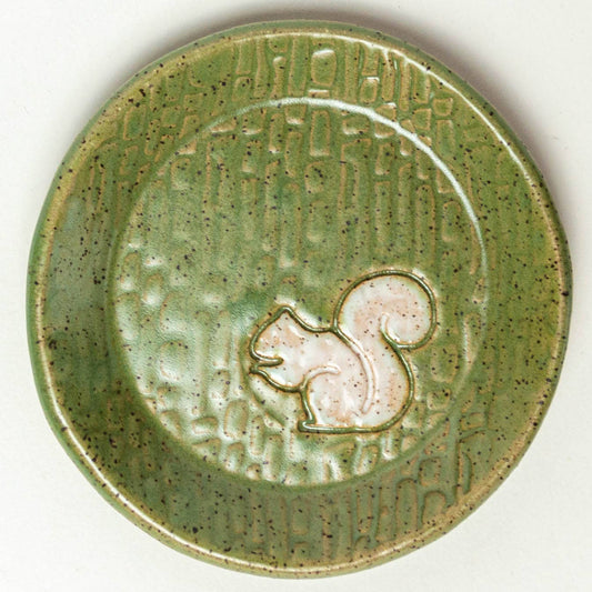 White Squirrel Ceramic Round Trinket Dish Handmade Green