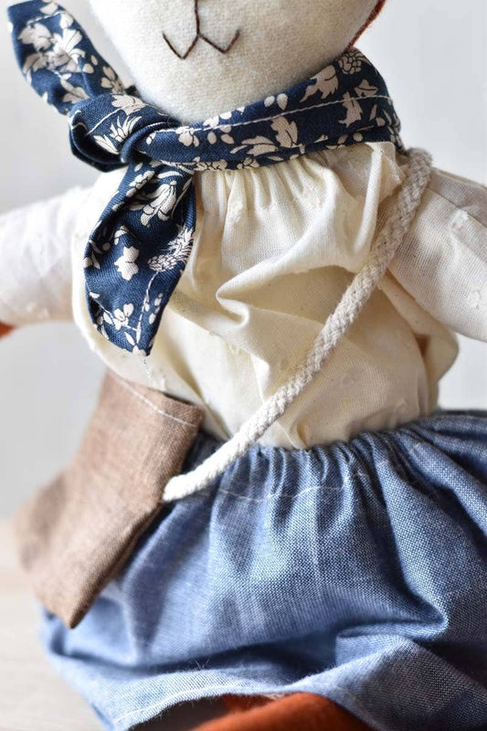 Florette the Fox – Handmade Wool Doll -Chambray Skirt + top