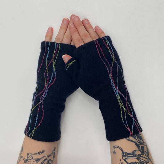 Fingerless Cashmere Gloves-Squiggle: Rainbow on Black / One Size Fits Most