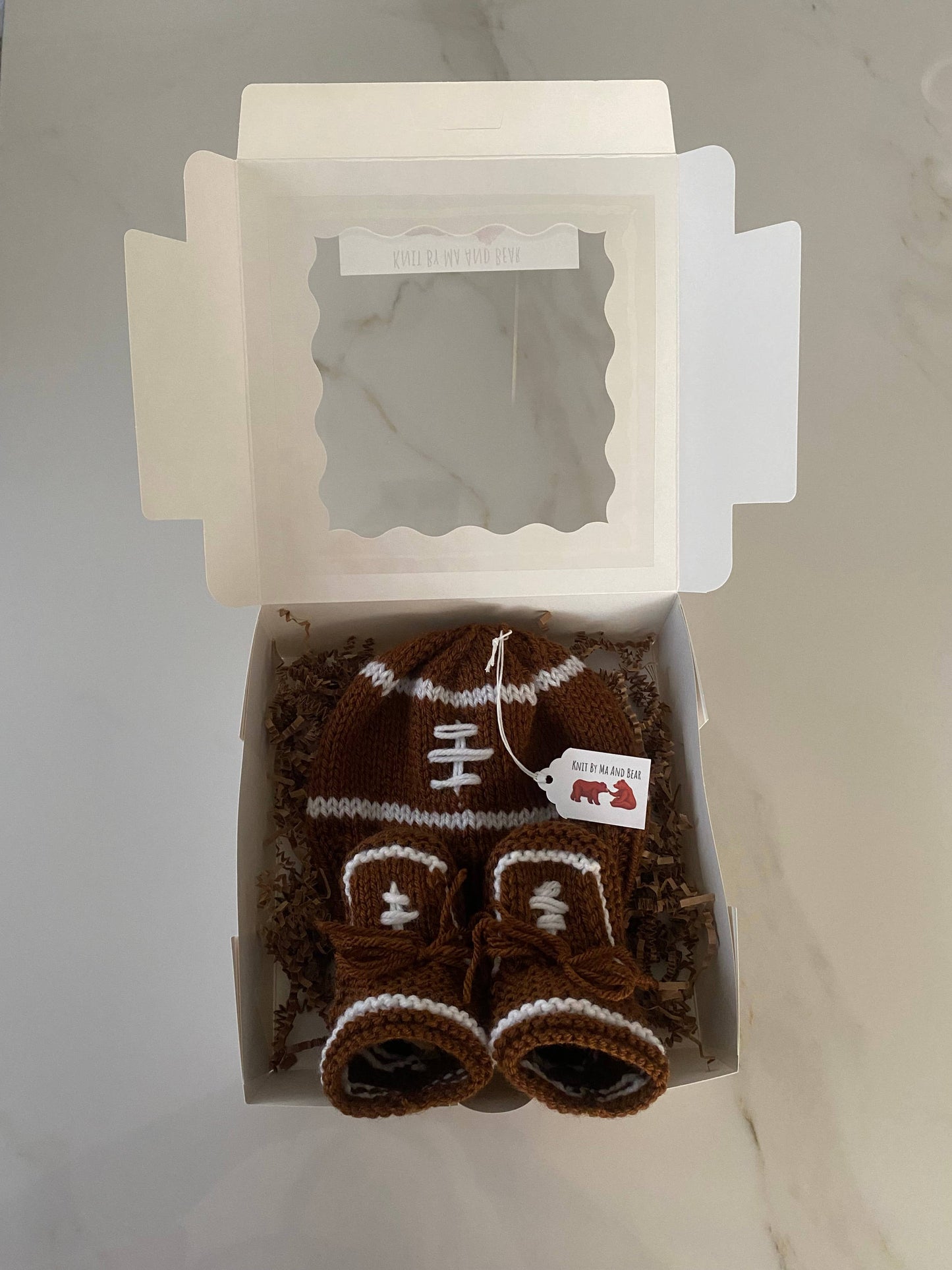 Football; hand knit baby hat and/or booties; baby toddler: Baby hat