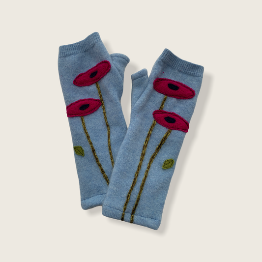 Fingerless Cashmere Gloves-Oval Poppy: Fuchsia on Light Blue / One Size Fits Most