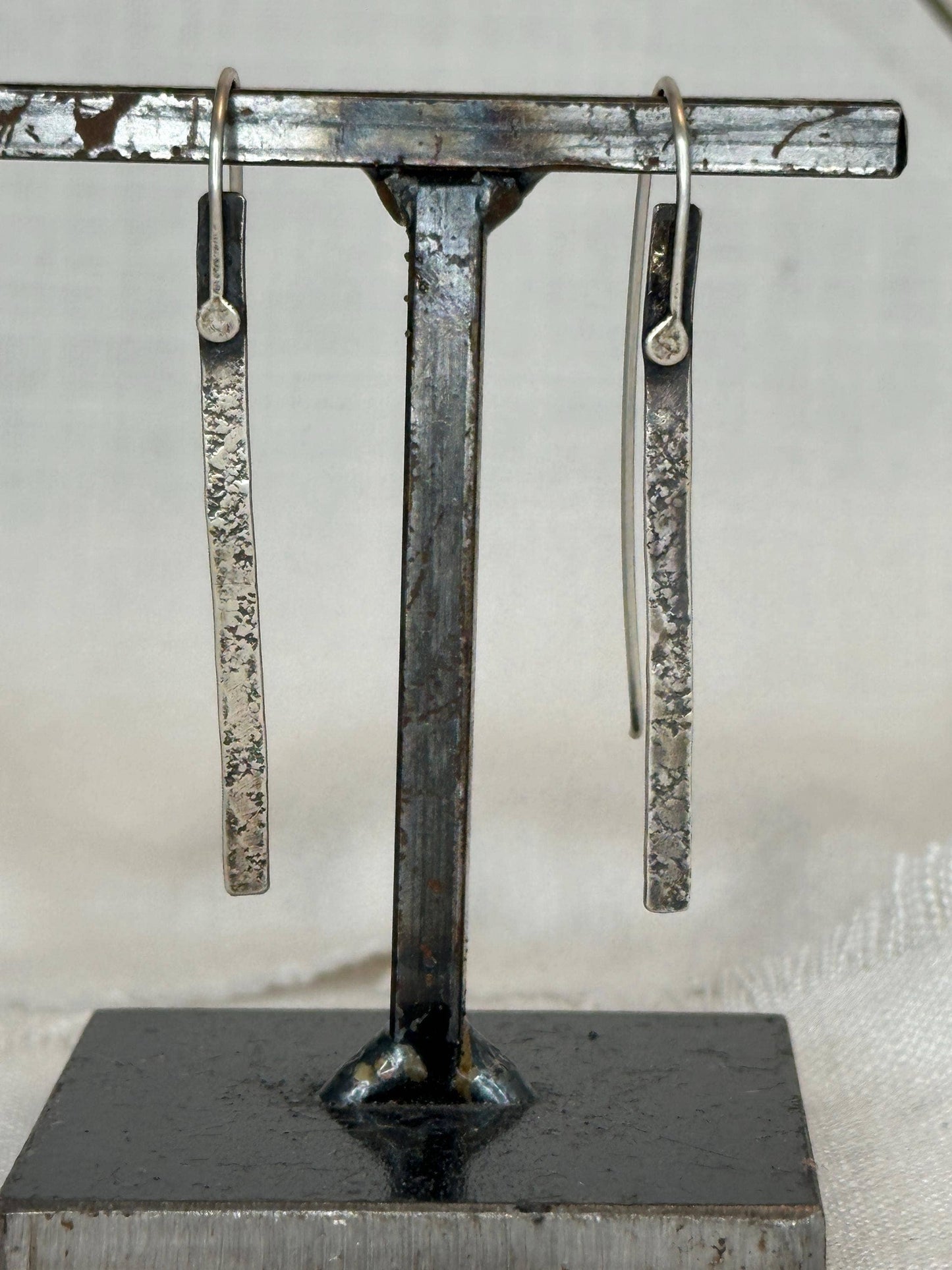 Modern Textured Sterling Silver Bar Earrings, Sculptural Hammered Drop: Textured & Matte