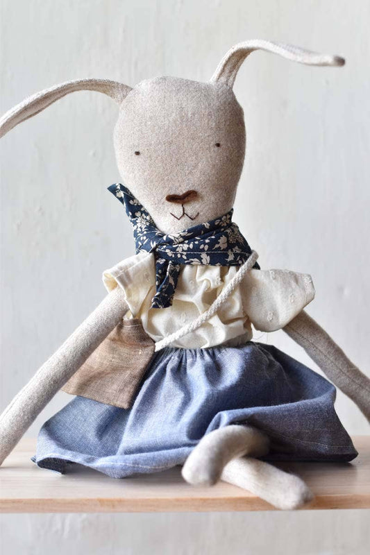 Ruthie the Rabbit – Handmade Wool Doll in Chambray Skirt : Pants