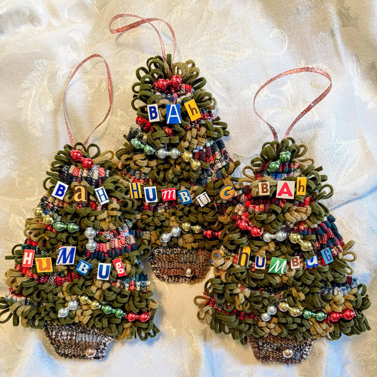 Bah Humbug Cheery Tree - Hooked Rug Christmas Tree Decor