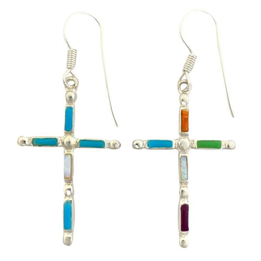 Double Sided Multi Stone Inlay Cross Sterling Silver Earrings