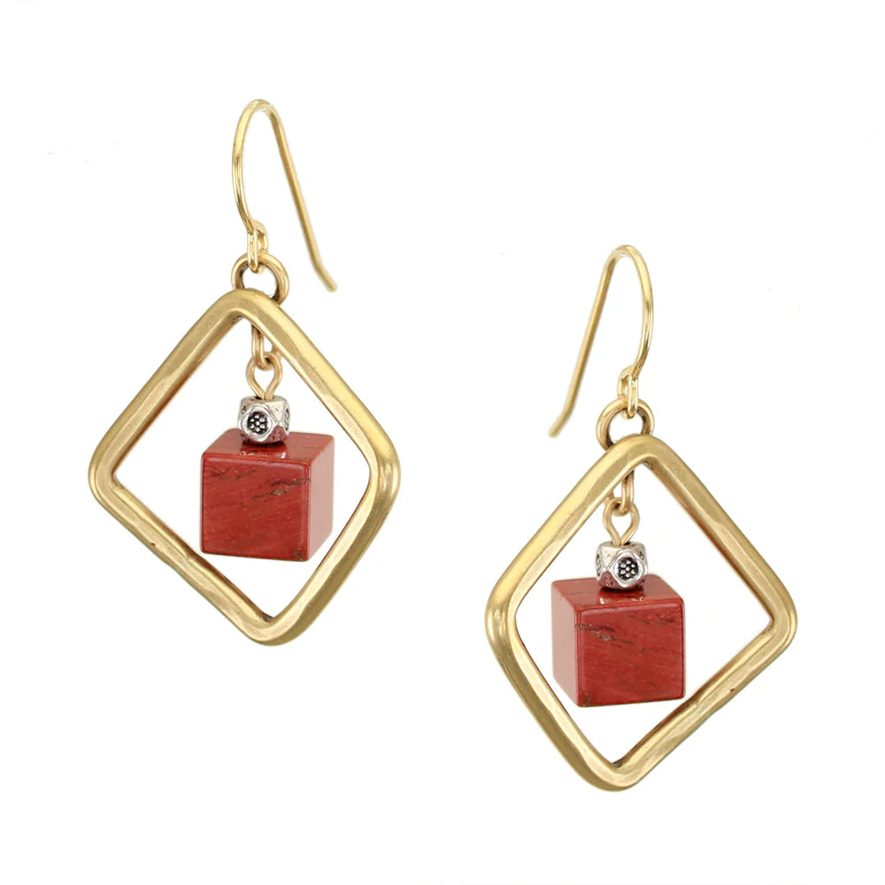 Square Ring with Red Cube Beads Wire Earrings