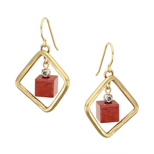 Square Ring with Red Cube Beads Wire Earrings