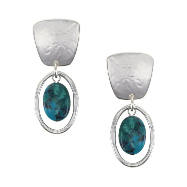 Tapered Square with Turquoise Bead and Oval Ring Post Earrings