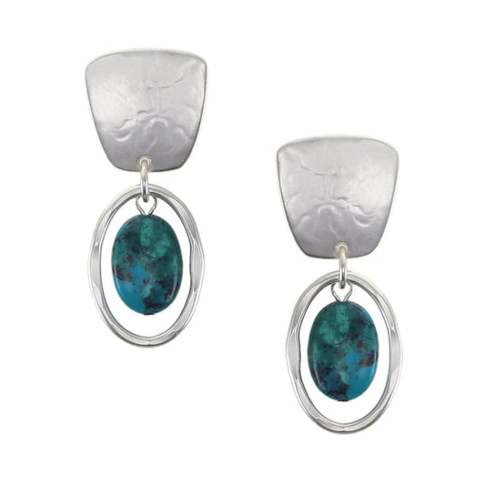 Tapered Square with Turquoise Bead and Oval Ring Post Earrings