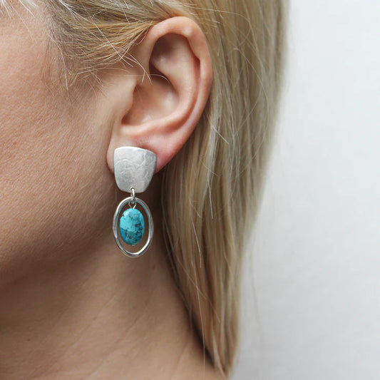Tapered Square with Turquoise Bead and Oval Ring Post Earrings
