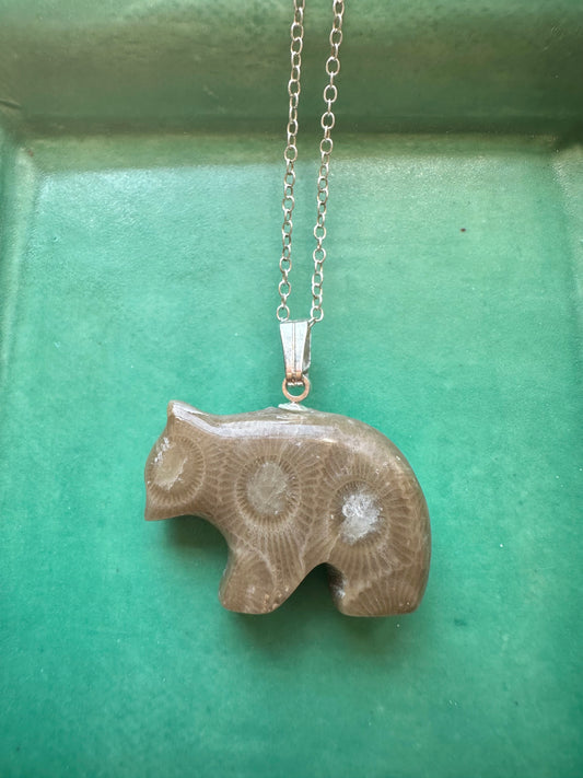 Petoskey Stone Bear Pendant Necklace