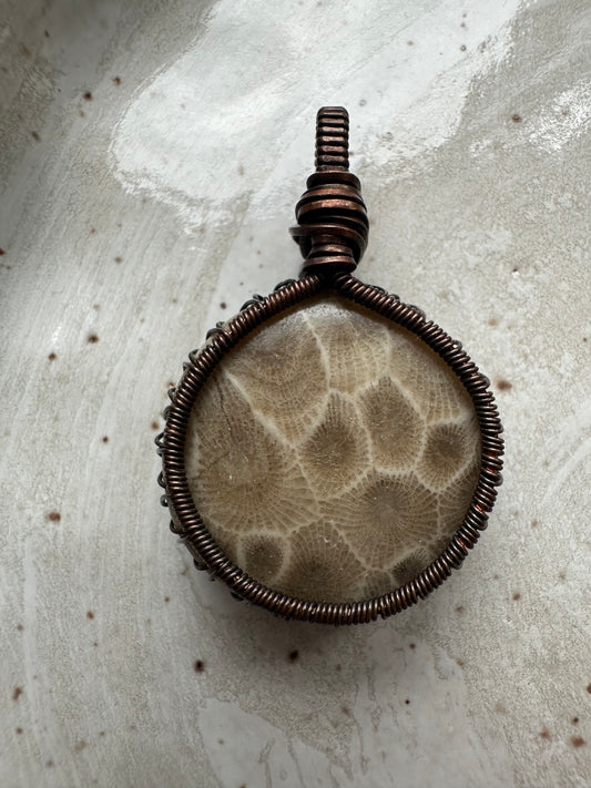 Wire Wrapped Petoskey Stone Pendant