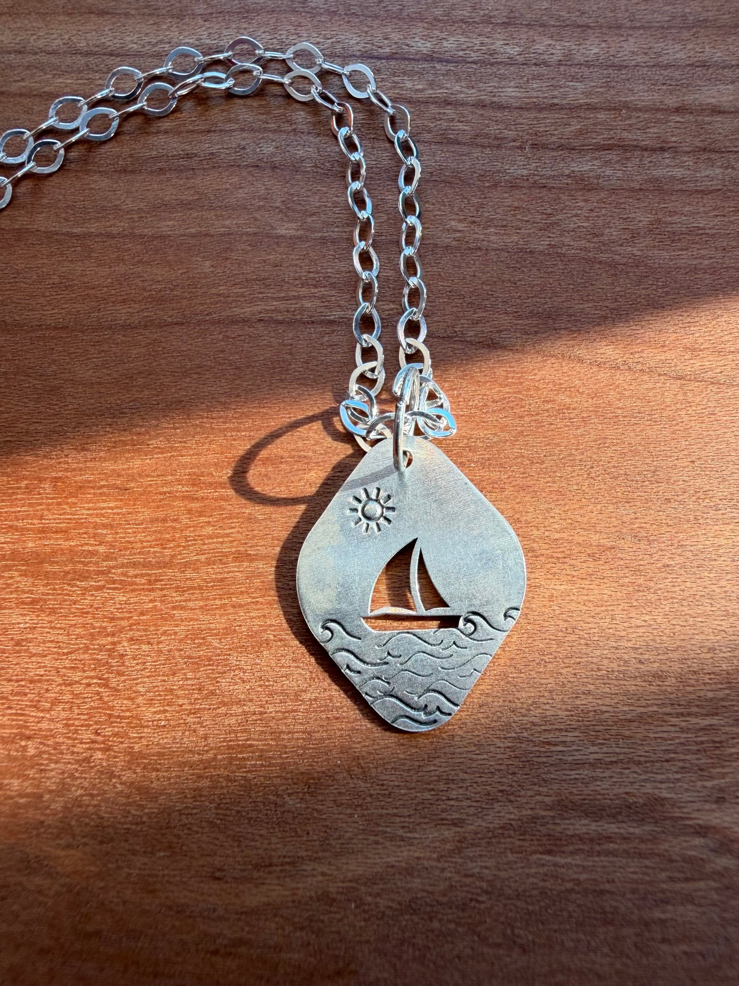 Sterling Silver Sailboat Stamped Necklace