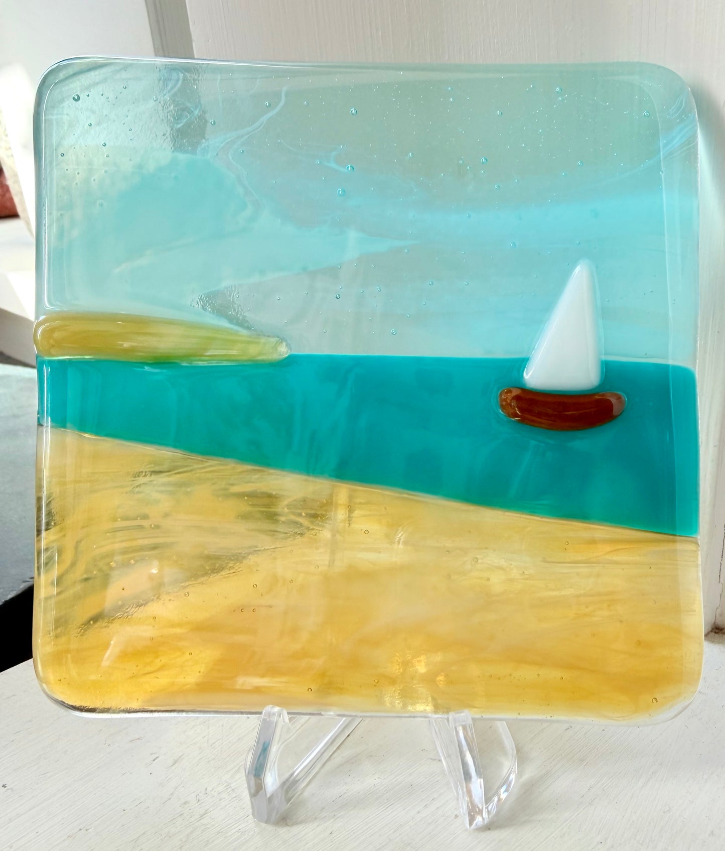 Fused Glass Lake Tile w/ Stand - Various Styles