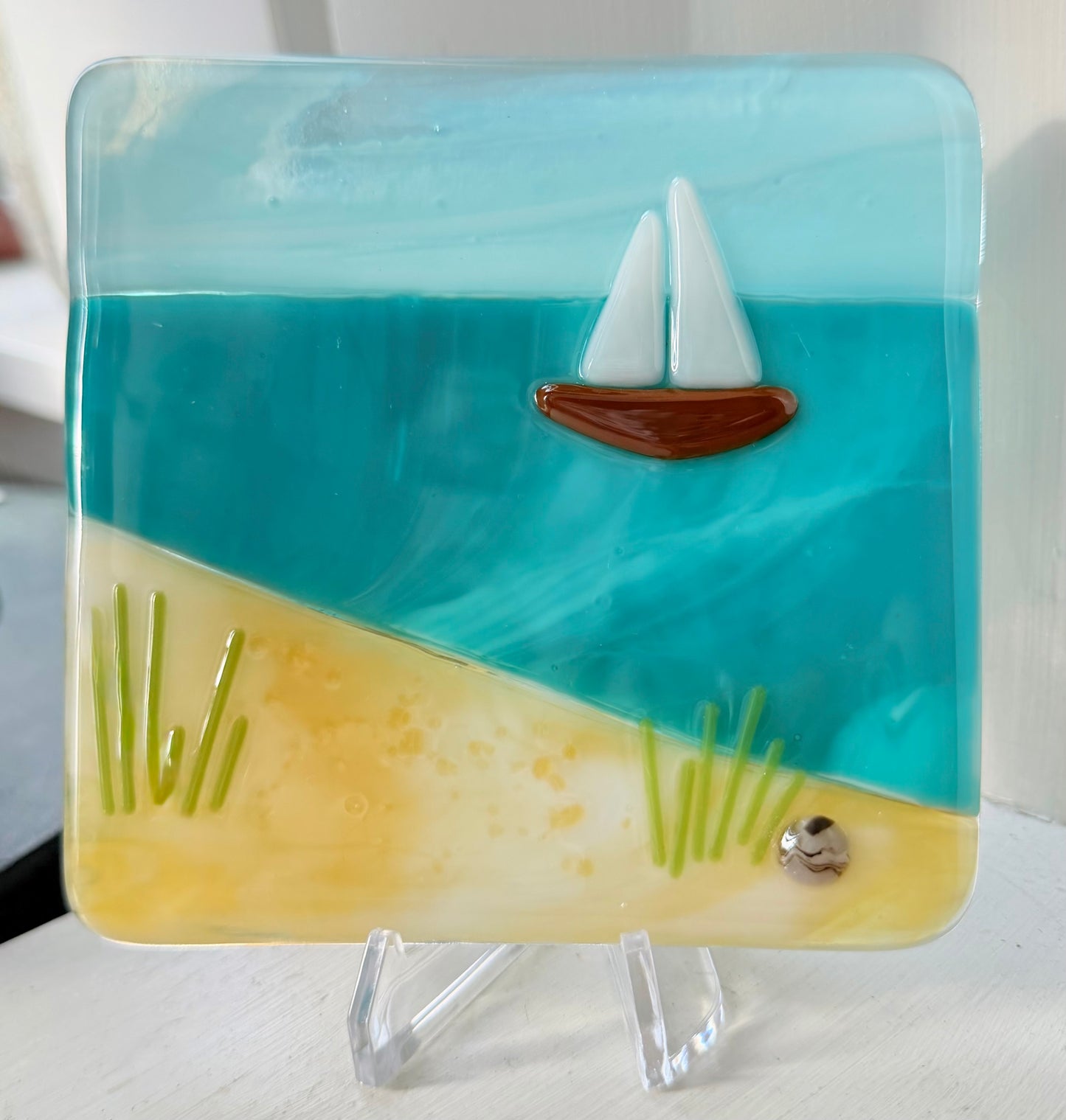 Fused Glass Lake Tile w/ Stand - Various Styles