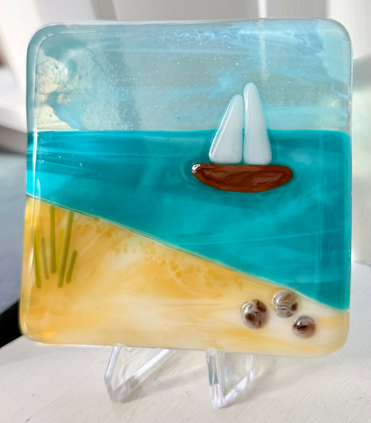 Fused Glass Lake Tile w/ Stand - Various Styles