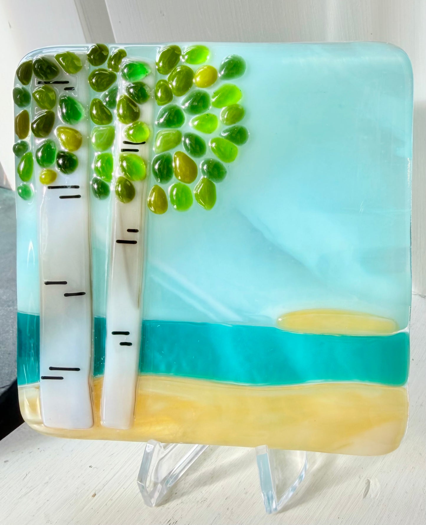 Fused Glass Lake Tile w/ Stand - Various Styles
