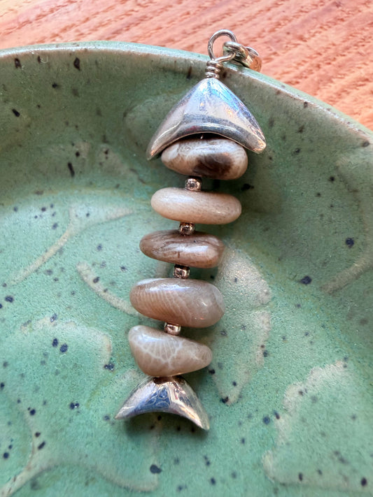 Sterling Stacked Petoskey Stone Fish Pendant