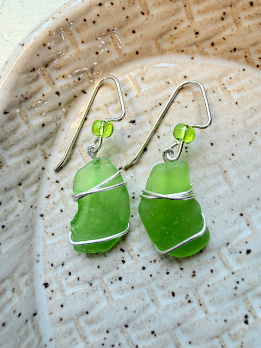 Michigan Beach Glass Earrings - Lime Green