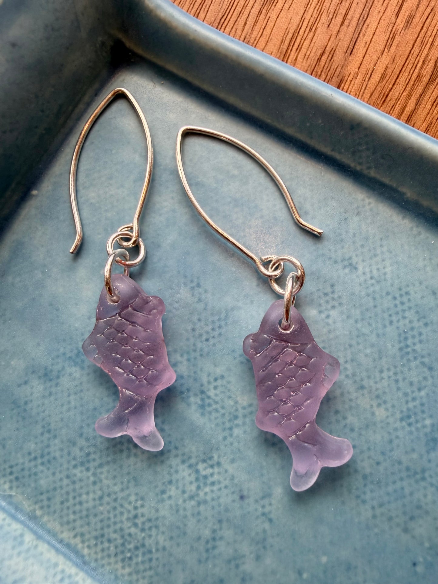 Purple Reclaimed Glass Fish Silver Dangle Earrings
