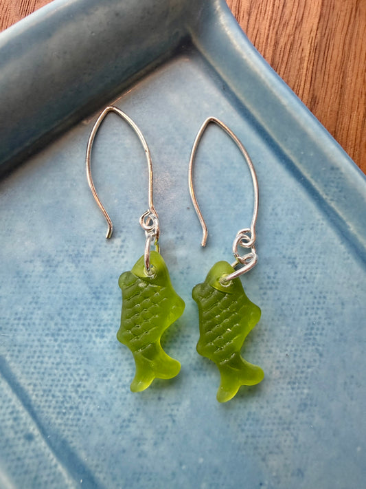 Green Reclaimed Glass Fish Silver Dangle Earrings