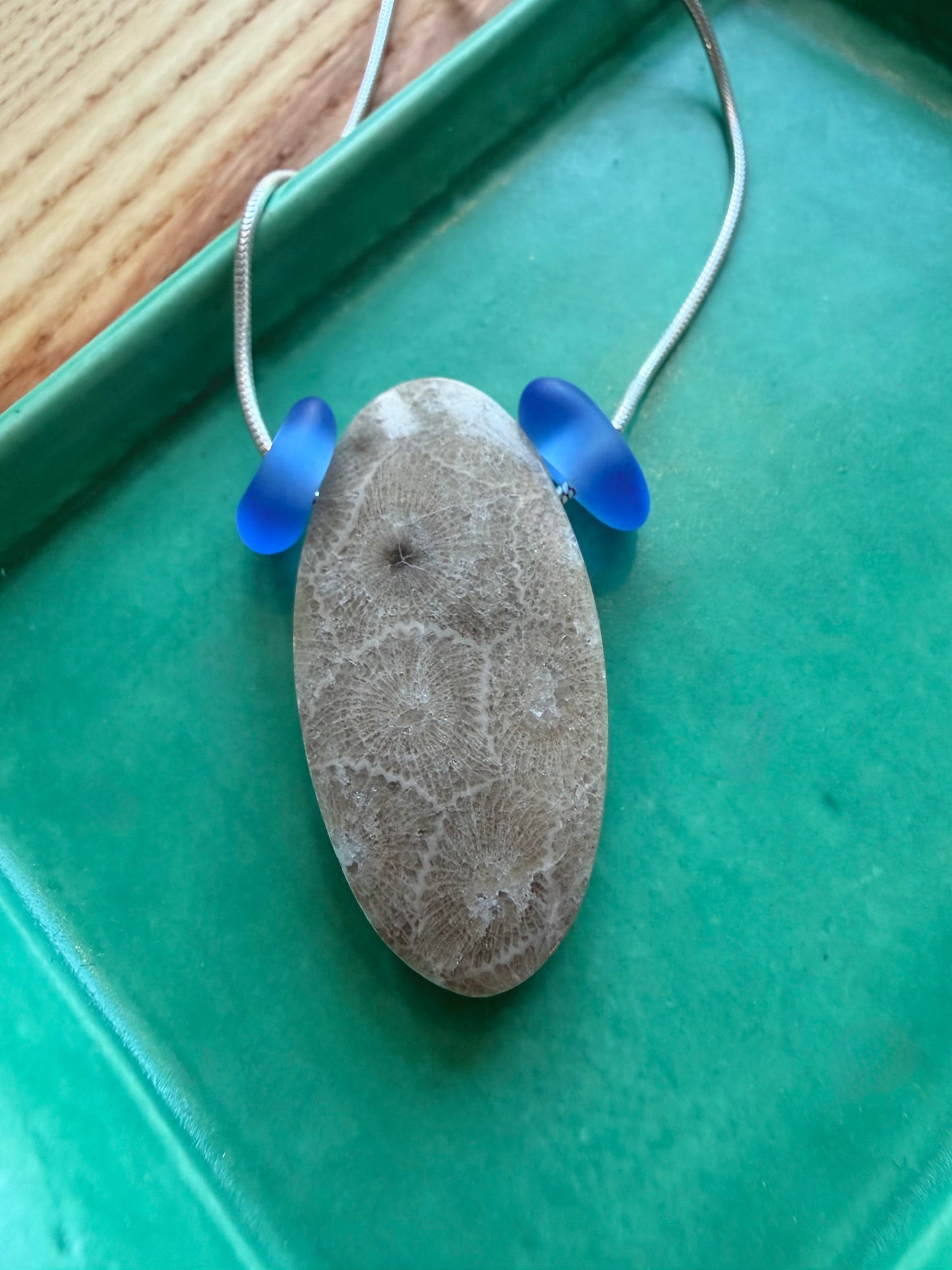Petoskey Stone Pendant with Beach Glass Beading on Silver Chain
