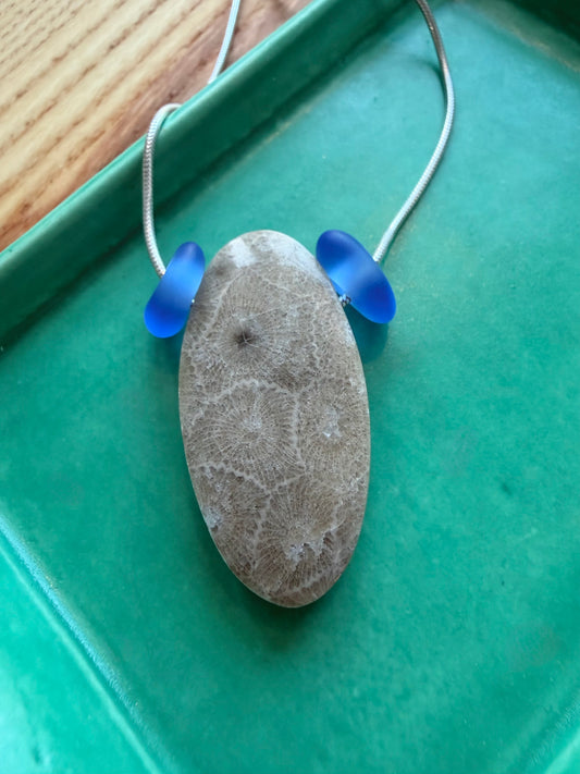 Petoskey Stone Pendant with Beach Glass Beading on Silver Chain