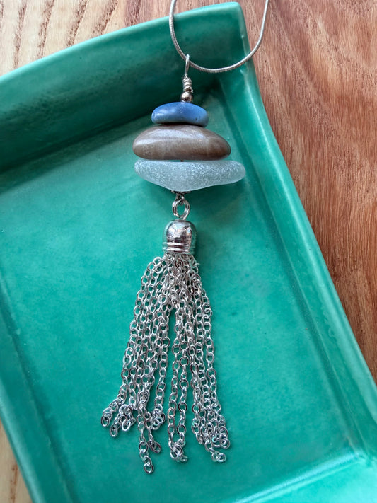 Stacked Cairn Beach Stone Necklace Silver Tassel