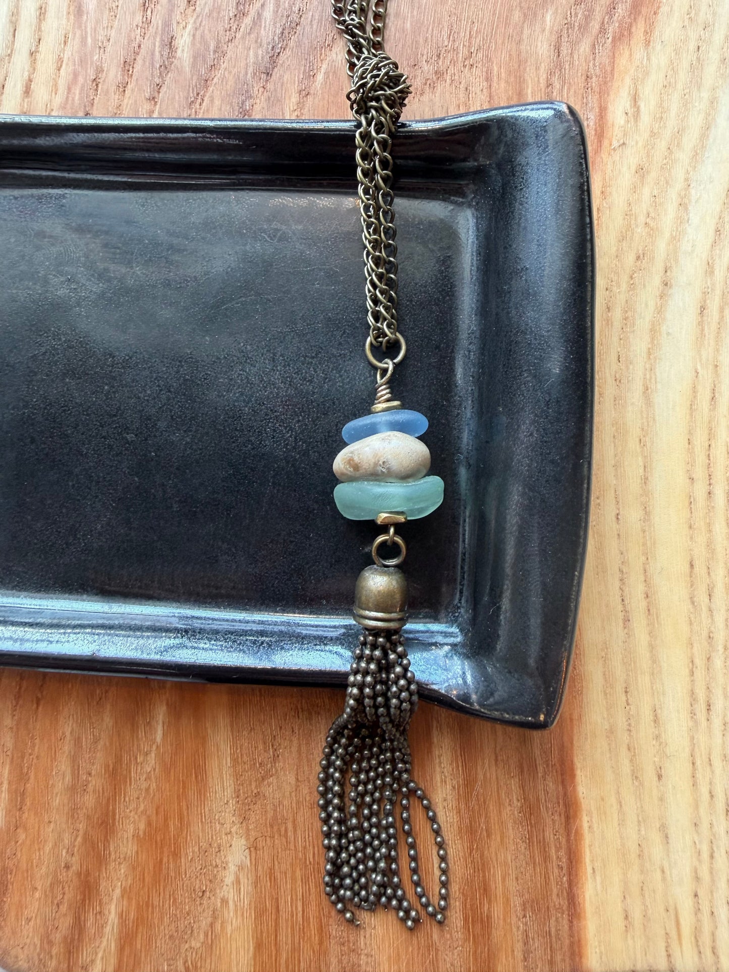 Double Chain Knot Stacked Cairn Beach Glass Petoskey Stone Bronze Tassel Necklace