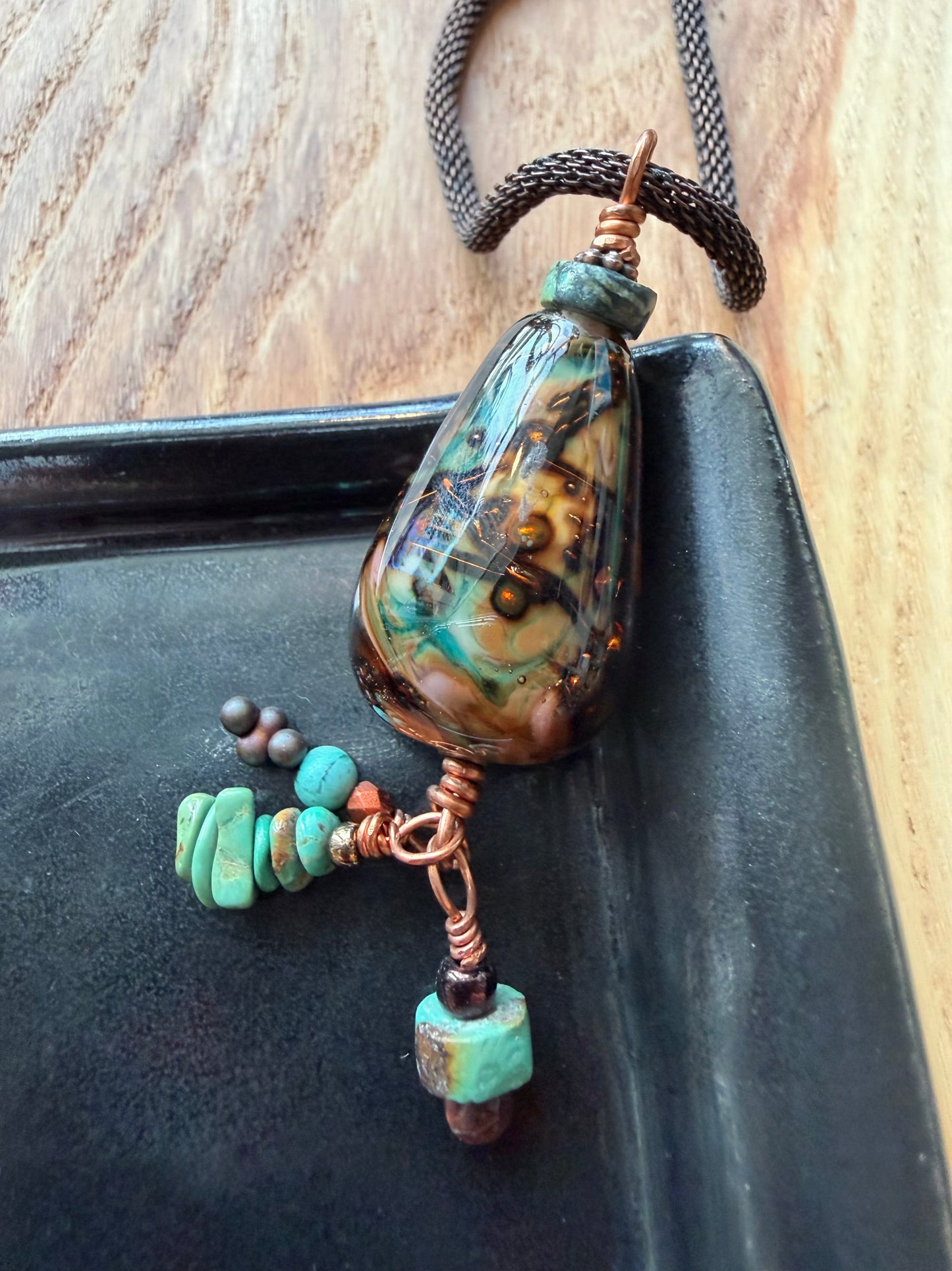 Blown Glass Babble Turquoise Beading on Braided Chain Necklace