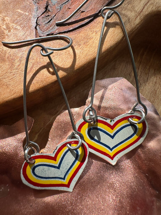 Vintage Tin Heart Earrings - Hypoallergenic Niobium Ear Wires