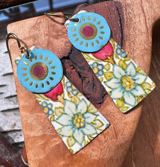 Long Floral Vintage Tin Earrings - Hypoallergenic Niobium Ear Wires