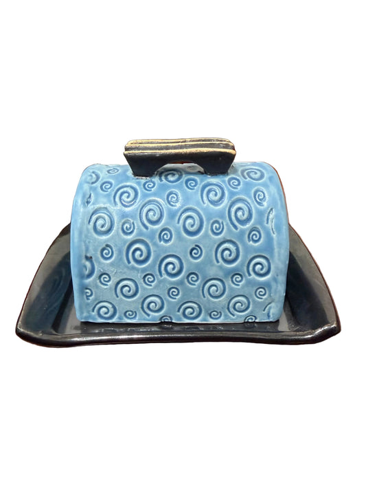 Half Butter Dish - Light Blue & Black