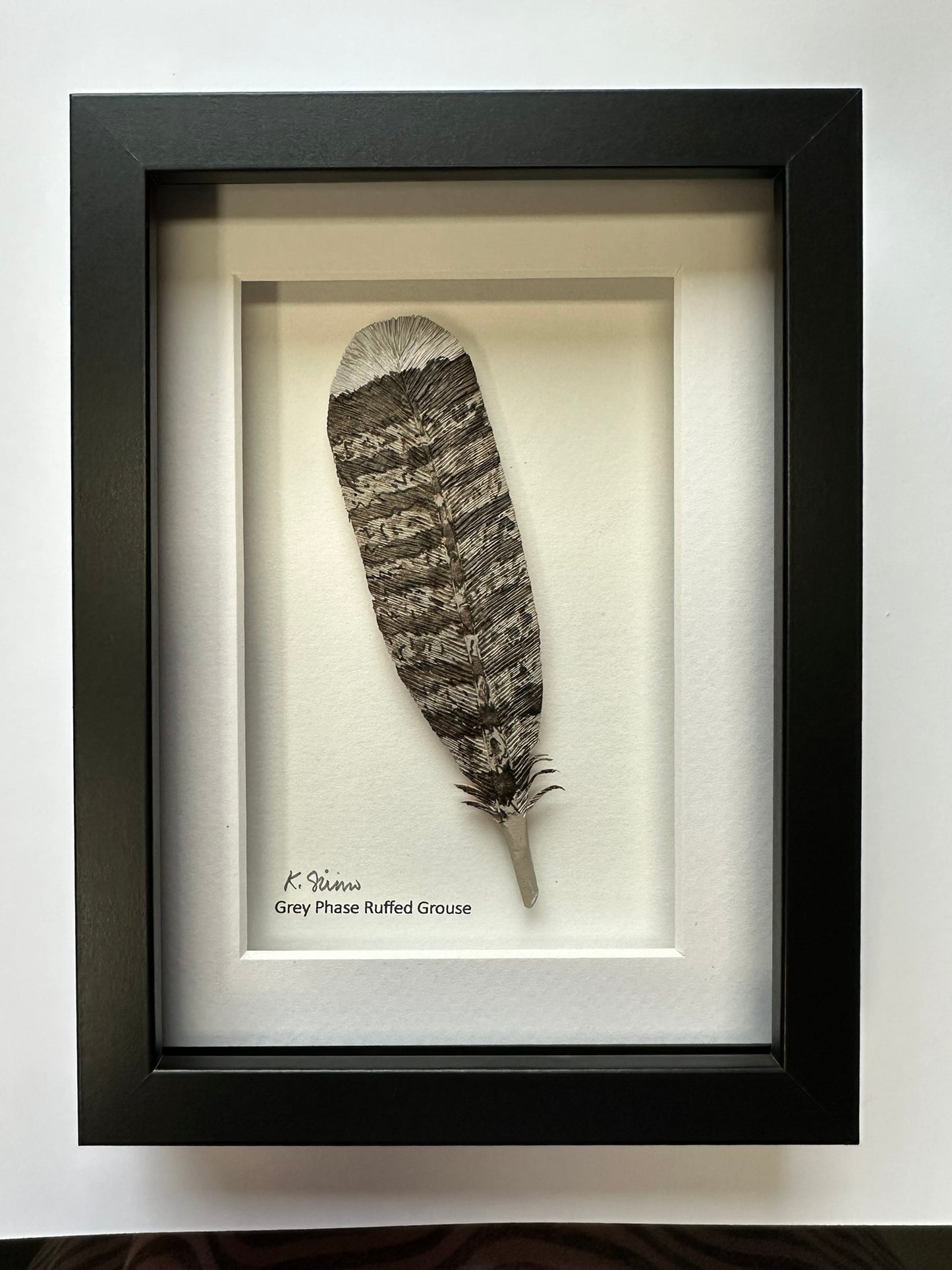 Framed Hand-Carved Wooden Feather - Ruffed Grouse
