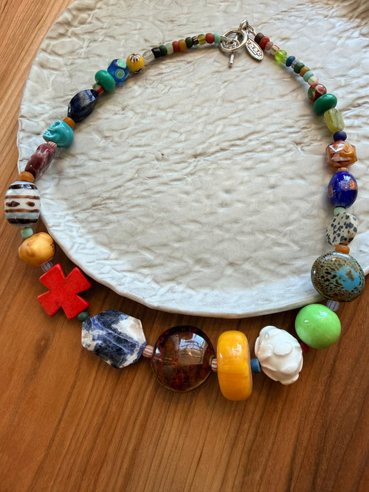 Long Colorful Necklace in Glass and Enamel