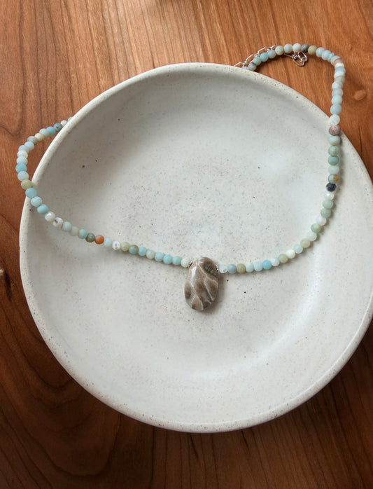 Beaded Necklace w/ Calcite & Petoskey Stone