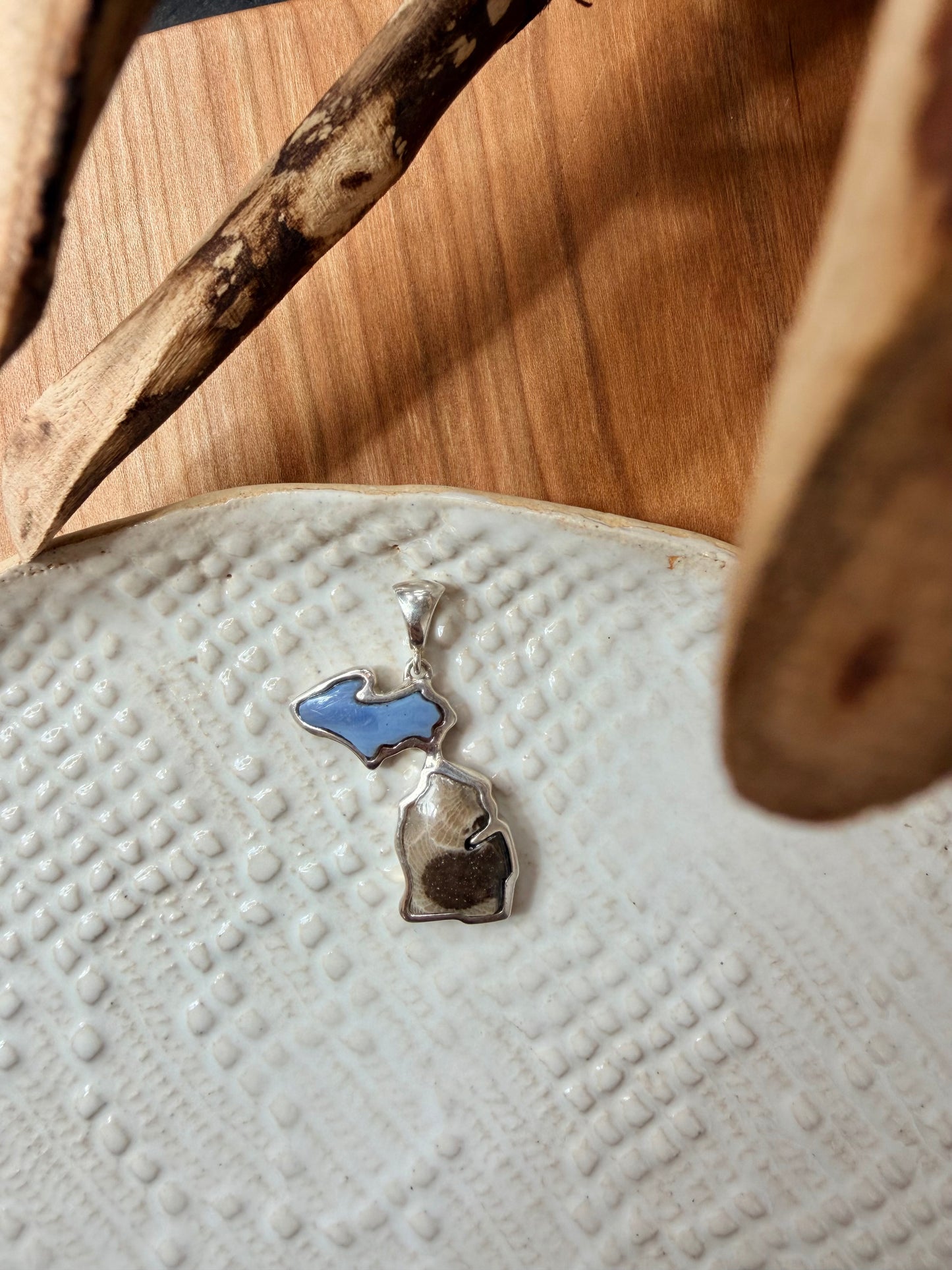 Leland Blue and Petoskey Cast Michigan Pendant - Upper and Lower