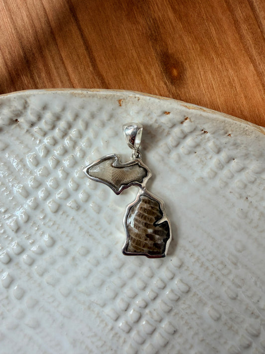 Michigan Map Pendant - Upper Petoskey Stone and Lower Charlevoix Stone