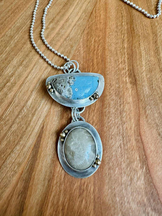 Leland Blue and Petoskey Stone Set in Sterling Silver Necklace - 18"