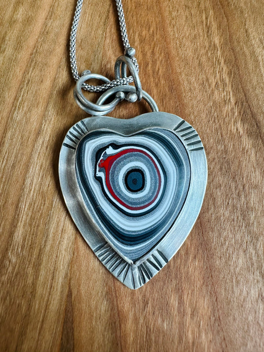 Fordite Heart Set in Sterling Silver Necklace - 18"