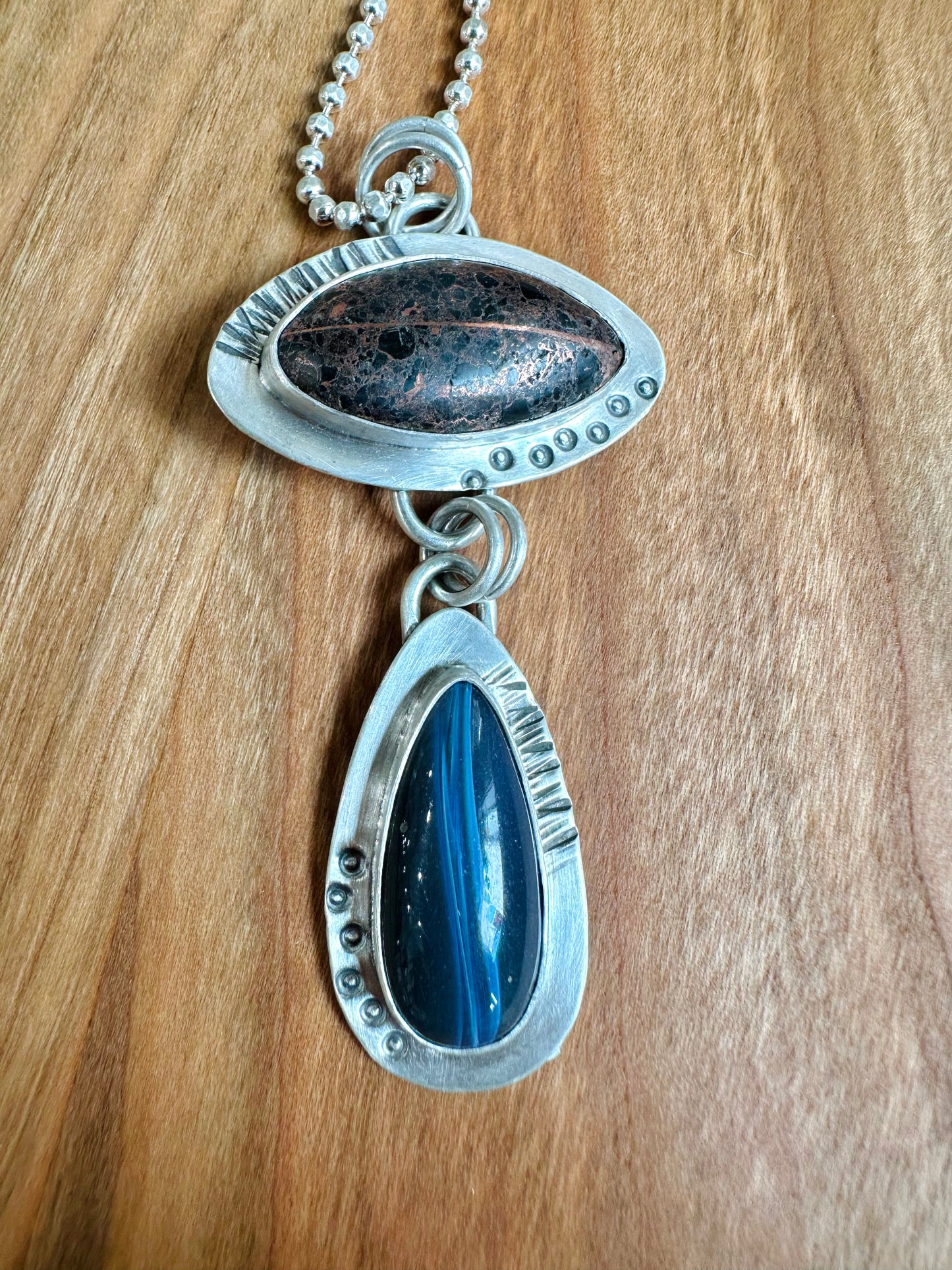 Leland Blue and Michigan Copper Firebrick Set in Sterling Silver Necklace - 18"