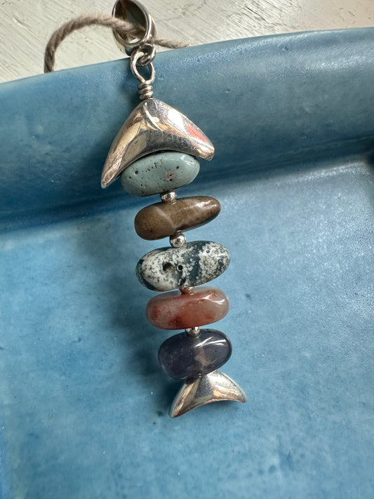 Sterling Stacked Petoskey Stone Leland Blue Stone Fish Pendant