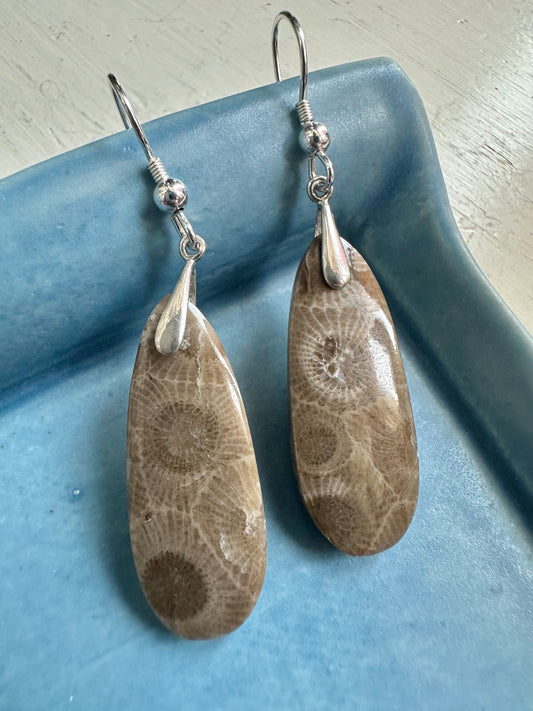 Beaded Petoskey Stone Tear Drop Earrings